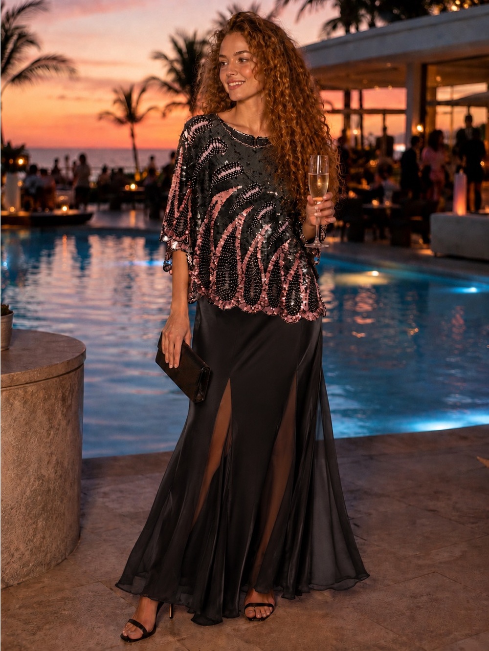 Sequin Short-Sleeve Blouse in Black and Blush Pink- Evening Top
